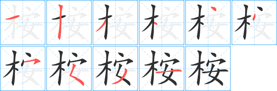 《桉》的笔顺分步演示（一笔一画写字）