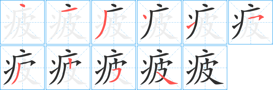 《疲》的笔顺分步演示（一笔一画写字）