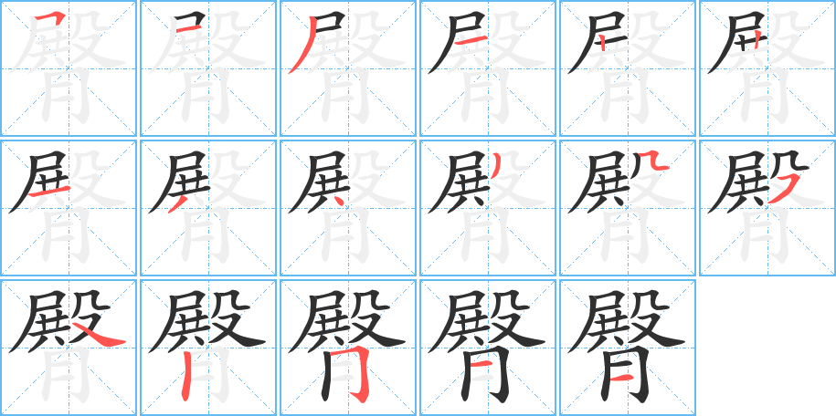 《臀》的笔顺分步演示（一笔一画写字）