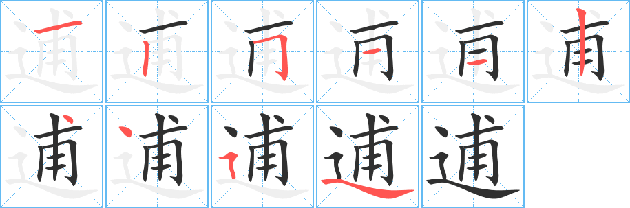 《逋》的笔顺分步演示（一笔一画写字）