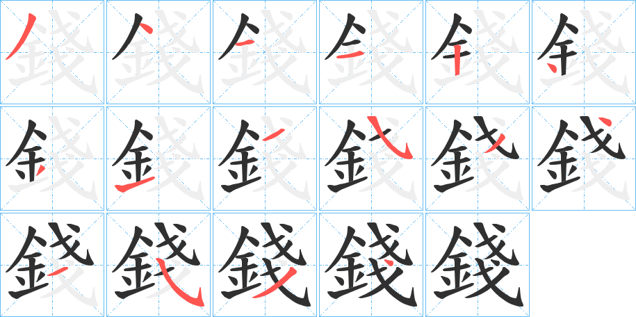 《錢》的笔顺分步演示（一笔一画写字）