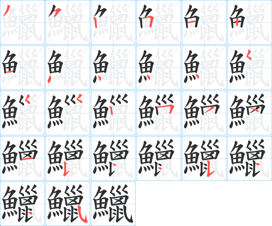 《鱲》的笔顺分步演示（一笔一画写字）